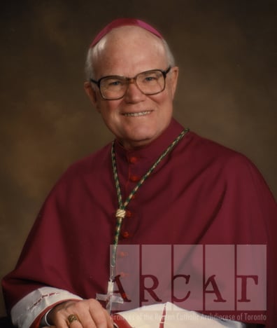 Portrait of Most Reverend Robert Bell Clune seated wearing episcopal  dress.