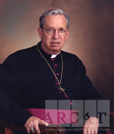 Portrait of Most Reverend Ralph Anthony Giroux Meagher seated wearing episcopal dress.
