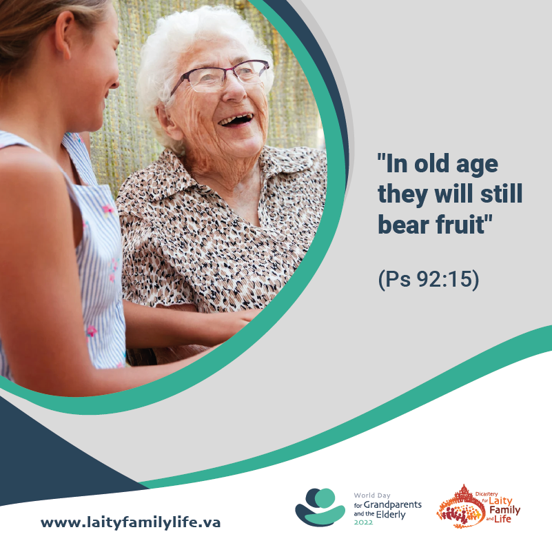 young girl visiting elderly woman who is laughing; text on image reads "In old age they will still bear fruit" Psalm 92:15