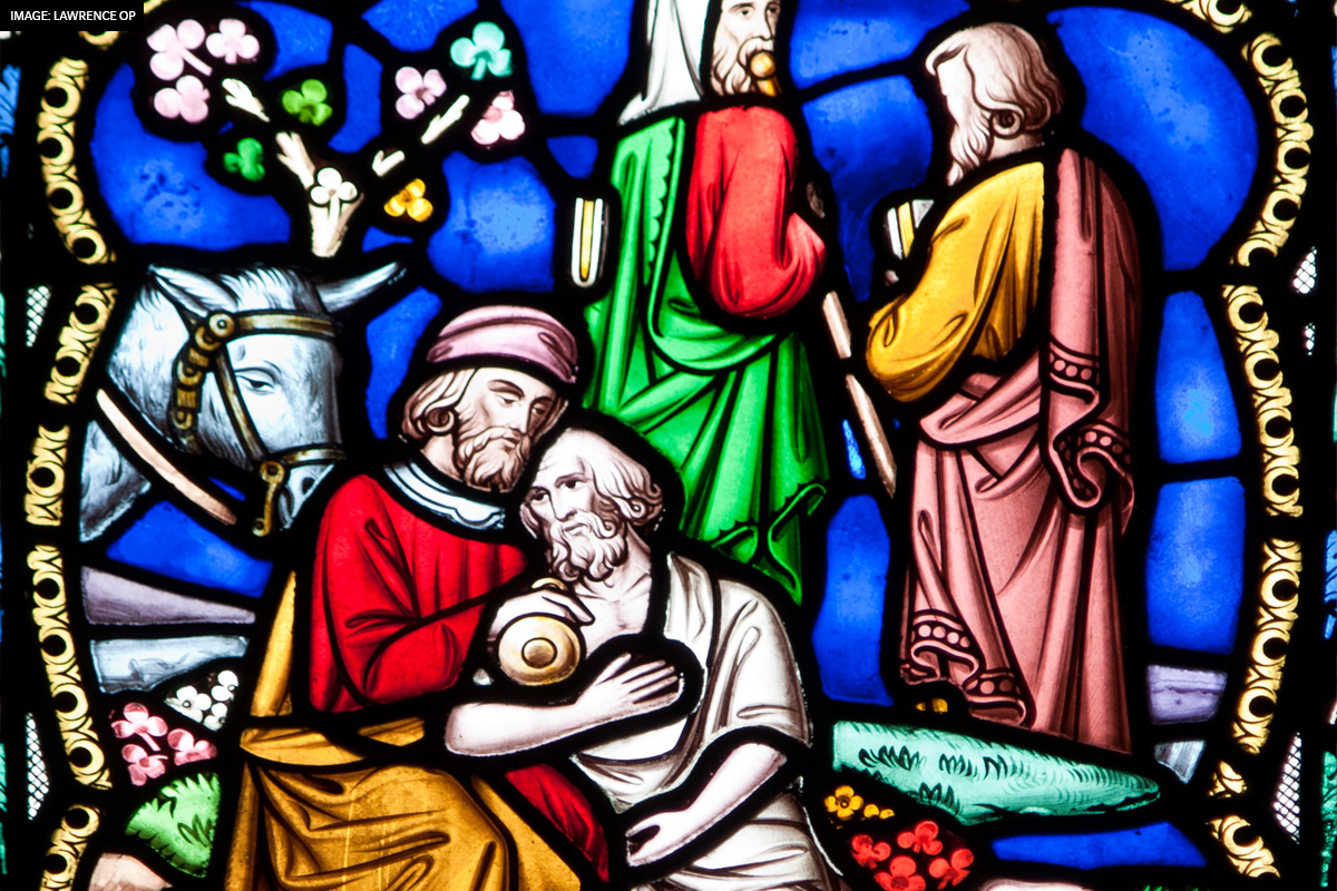 Stained glass image 'Divine Compassion' by Lawrence OP
