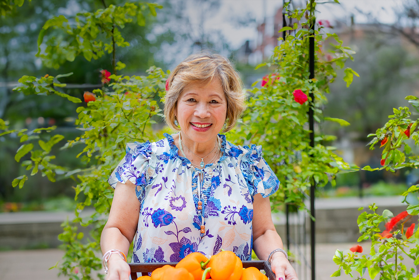 Woman holding basket of food