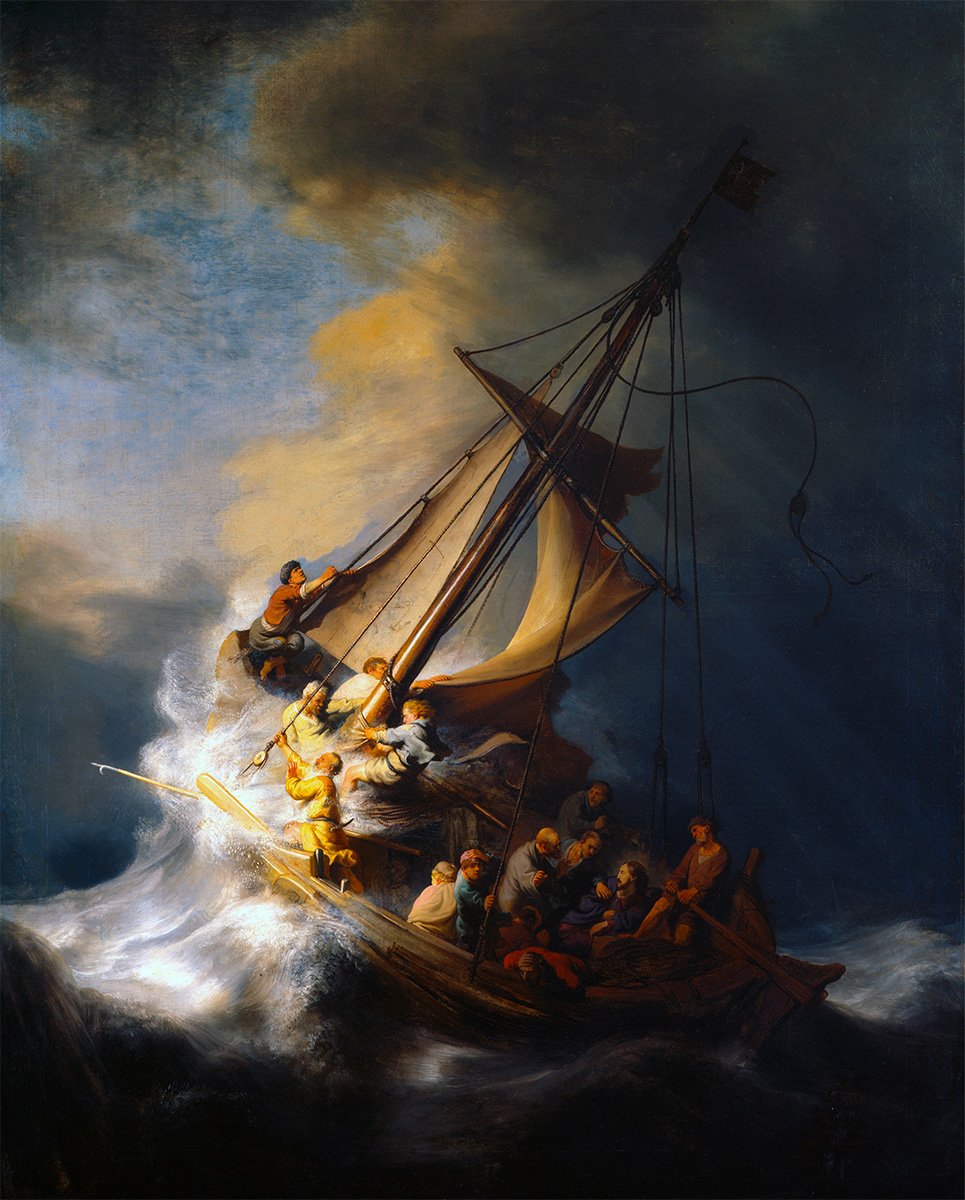 Rembrandt painting of Jesus and the disciples on a boat in a storm