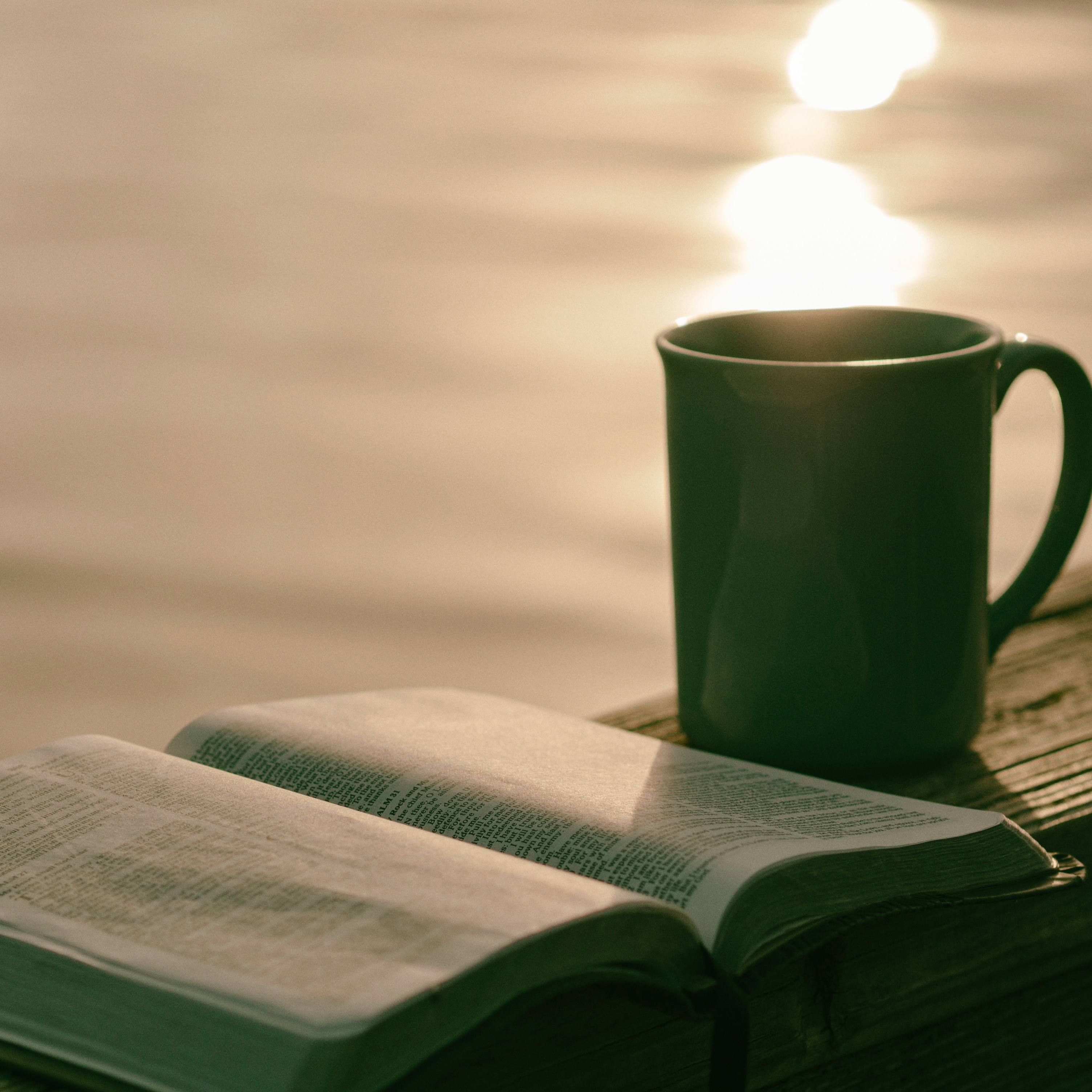 Bible and Coffee at Lake