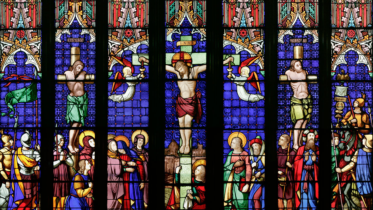 Good Friday window at St. Michael's Cathedral Basilica