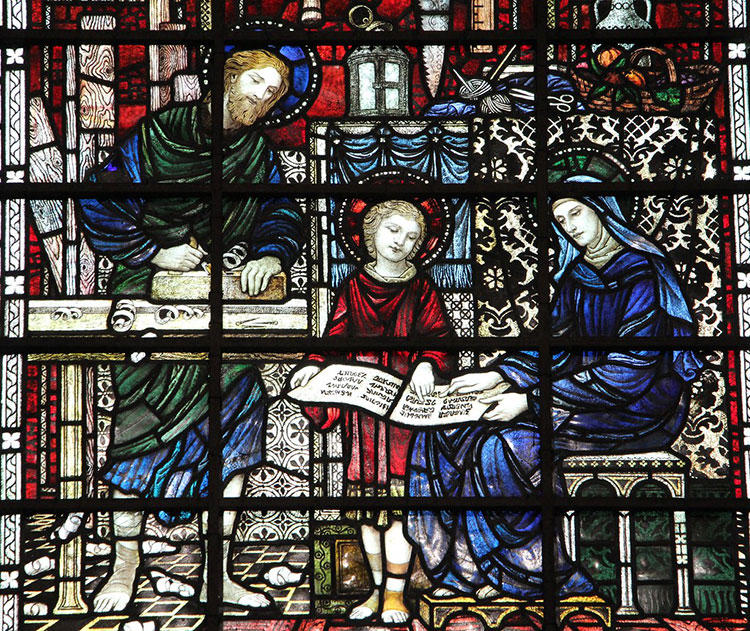 Holy Family depicted on stained glass window