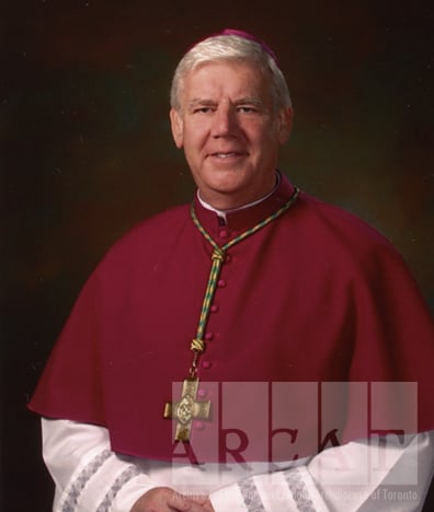 Portrait of Most Reverend Daniel Joseph Bohan seated wearing episcopal dress.