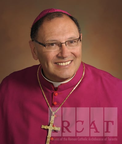 Portrait of Most Reverend Richard John Grecco seated wearing episcopal dress.