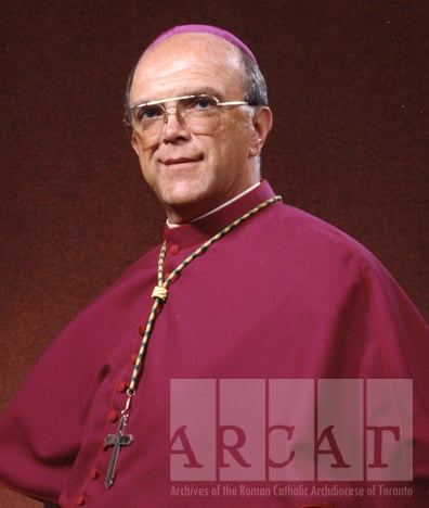 Portrait of Most Reverend John Stephen Knight seated wearing episcopal dress.