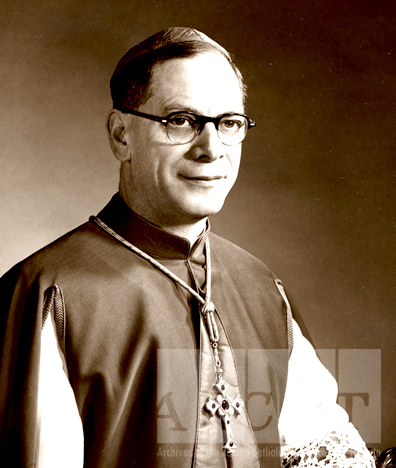 Black-and-white portrait of Most Reverend Francis Anthony Marrocco seated wearing episcopal dress.