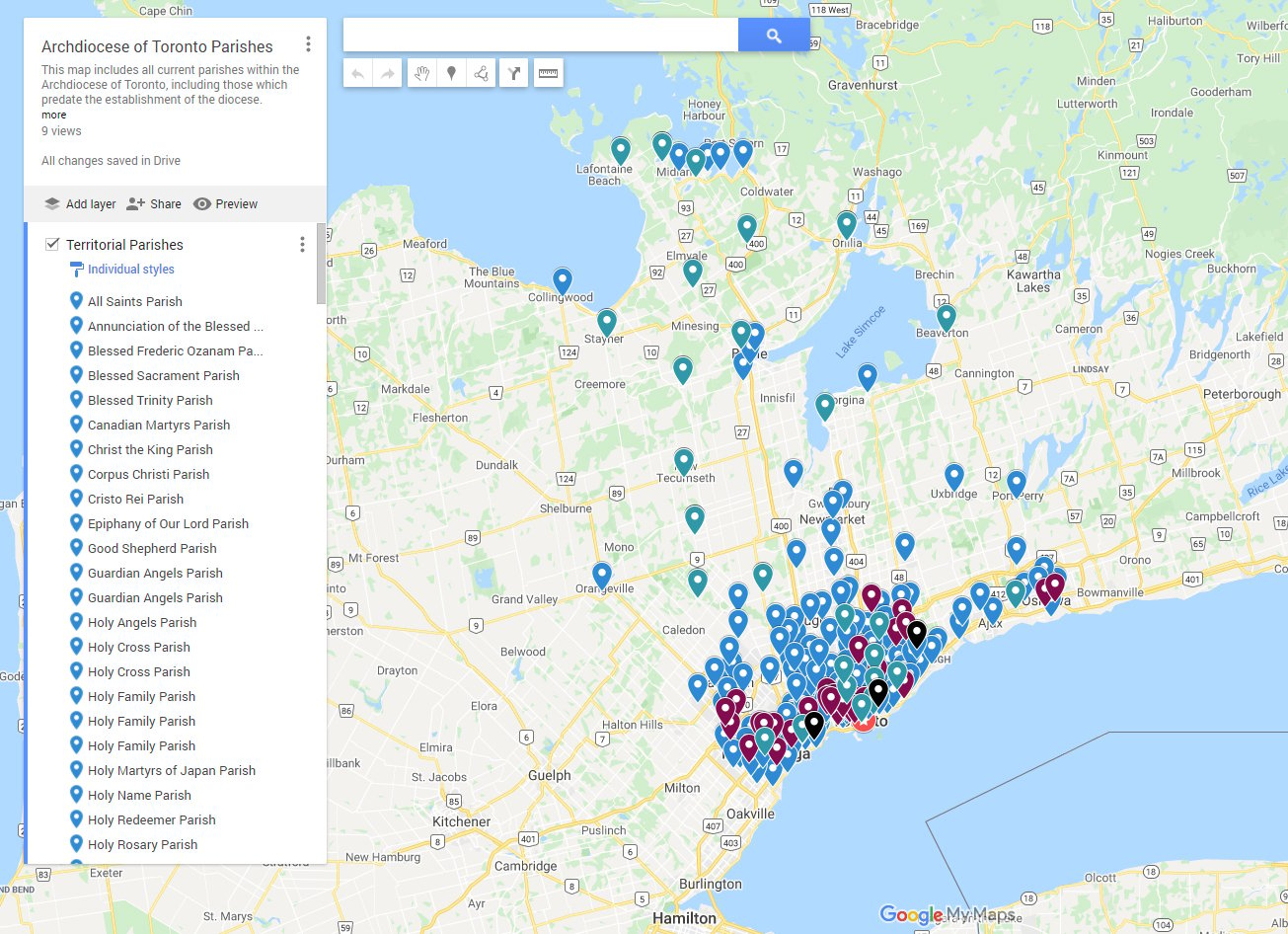 Google Map of Archdiocese of Toronto Parish Churches