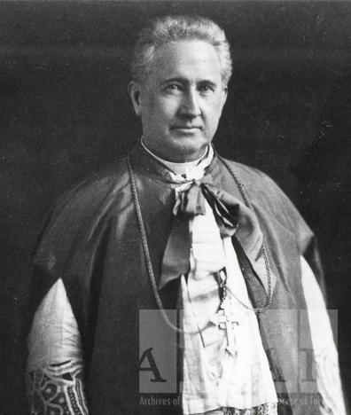 Black-and-white portrait of Most Reverend Fergus Patrick McEvay standing in episcopal dress.
