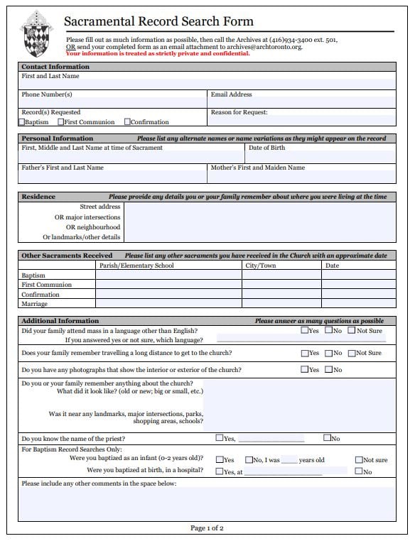 Sacramental Record Search Request Form