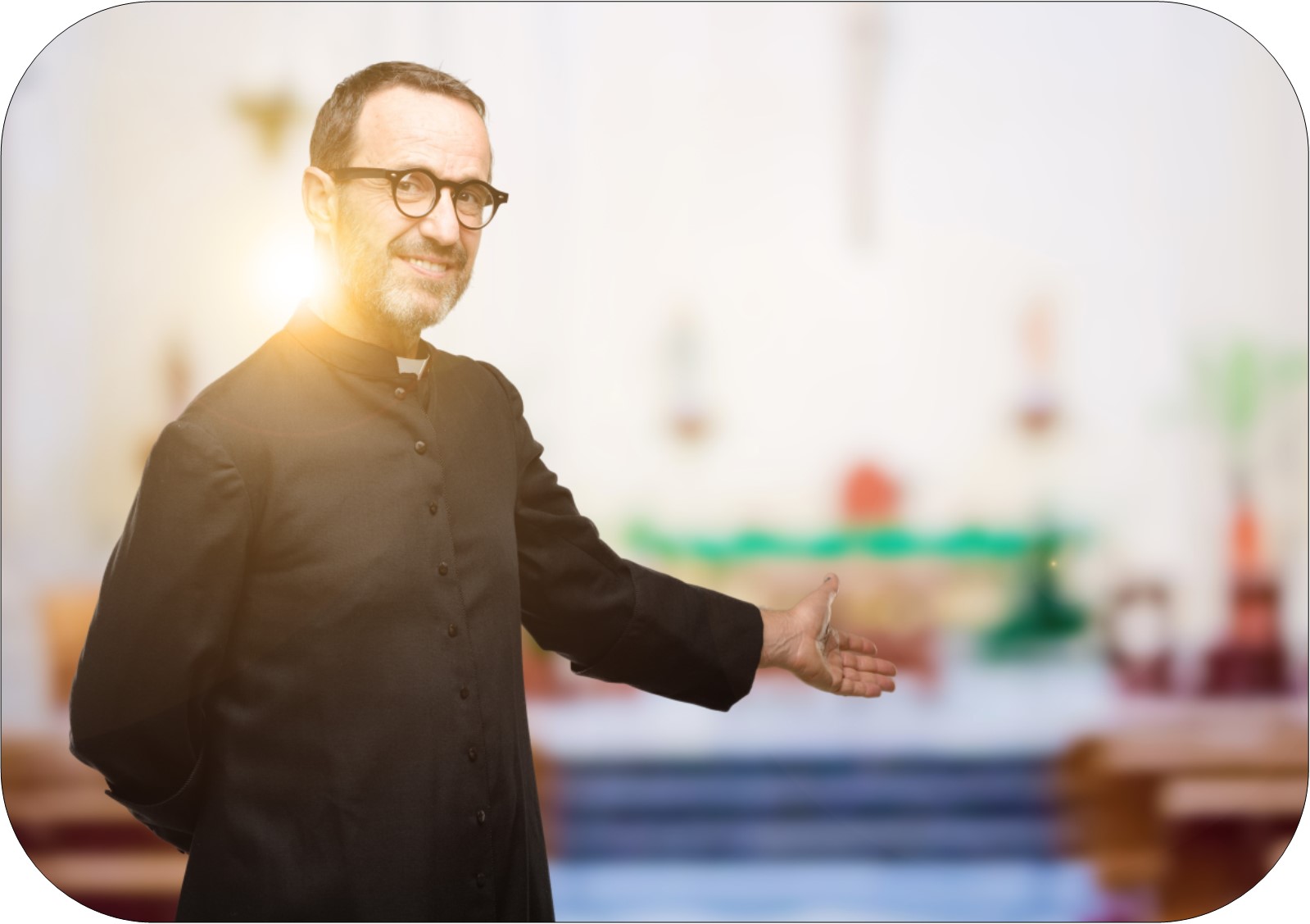 priest in the middle of the church, gesturing viewer to come in
