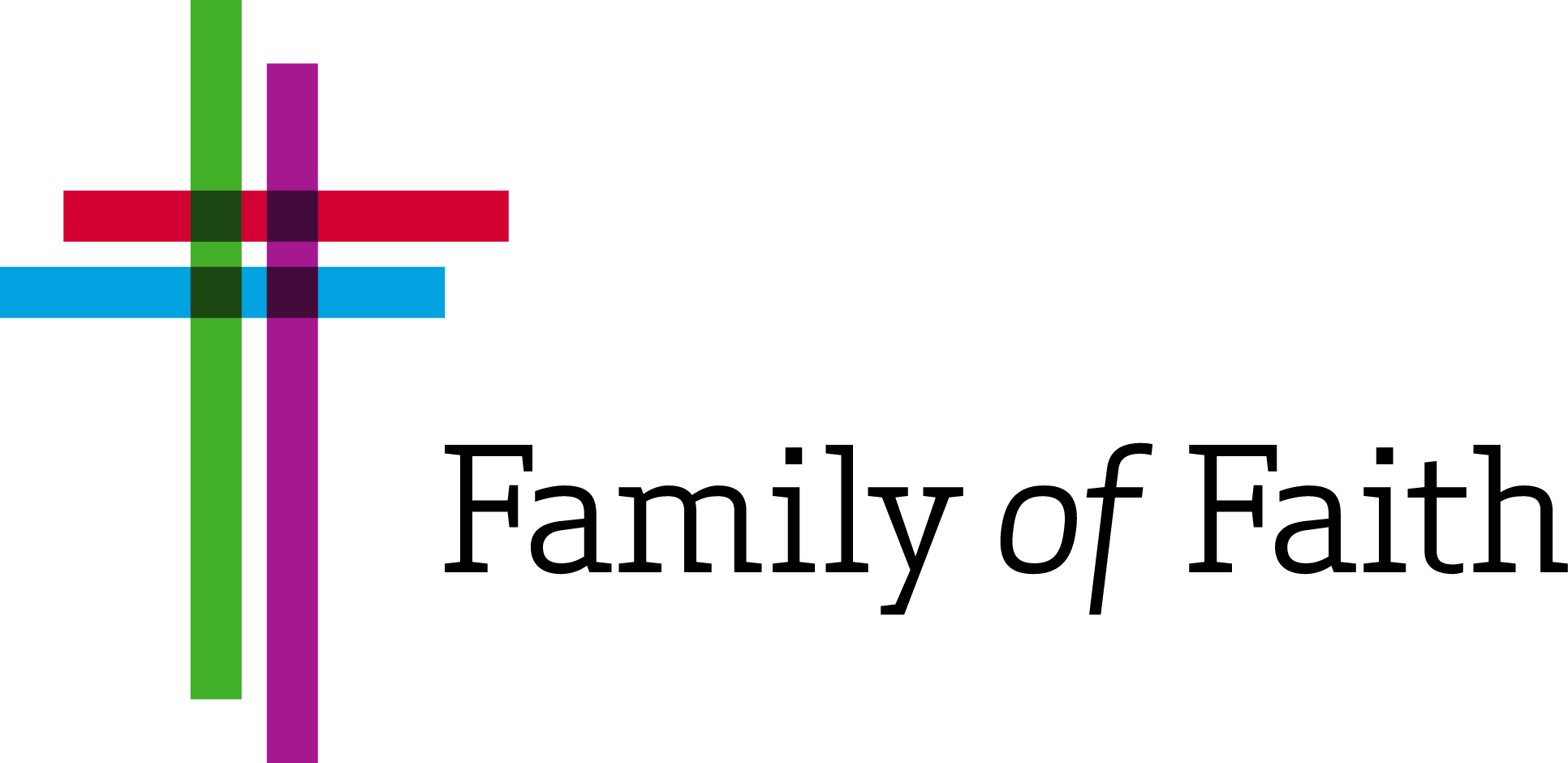 logo has a red cross over a blue cross wit the words "Family of Faith"