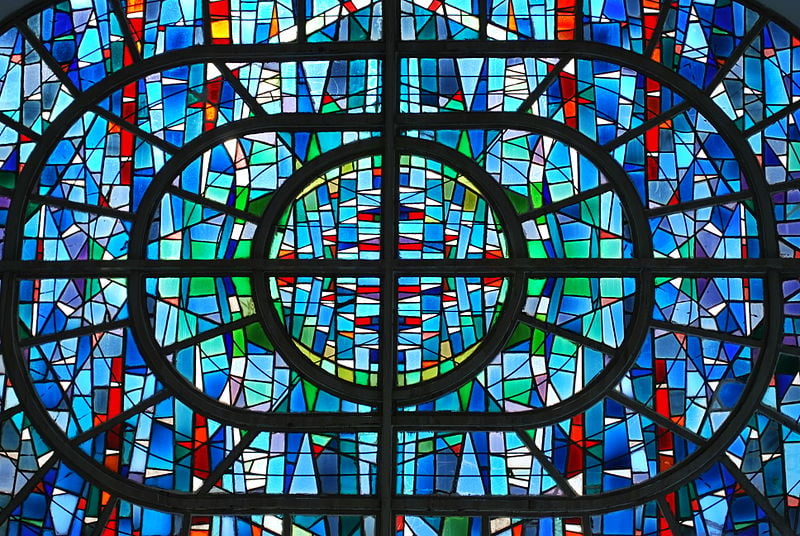 This illustration was made by Rašo., CC BY-SA 3.0, via Wikimedia Commons- Modern stained glass window — in the Makedonium, in Kruševo, Macedonia