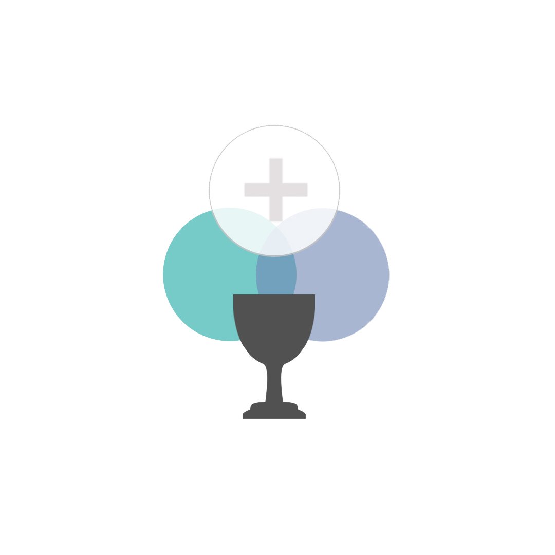 White background with illustration of the Eucharistic host and chalice with shapes that create the Trinitarian symbol using teal and purple shapes