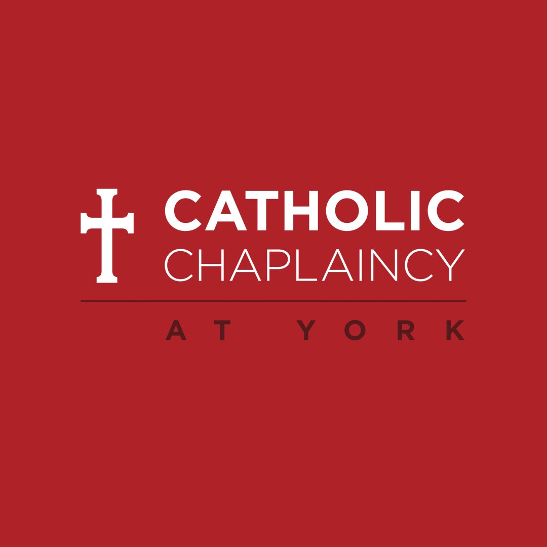 Logo with red background, cross on the left side with text that reads “Catholic Chaplaincy at York” right beside it