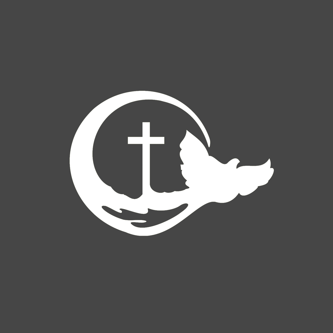 Logo with dark grey background with an illustration of a dove flying away as it creates a circle around the shape of a Cross
