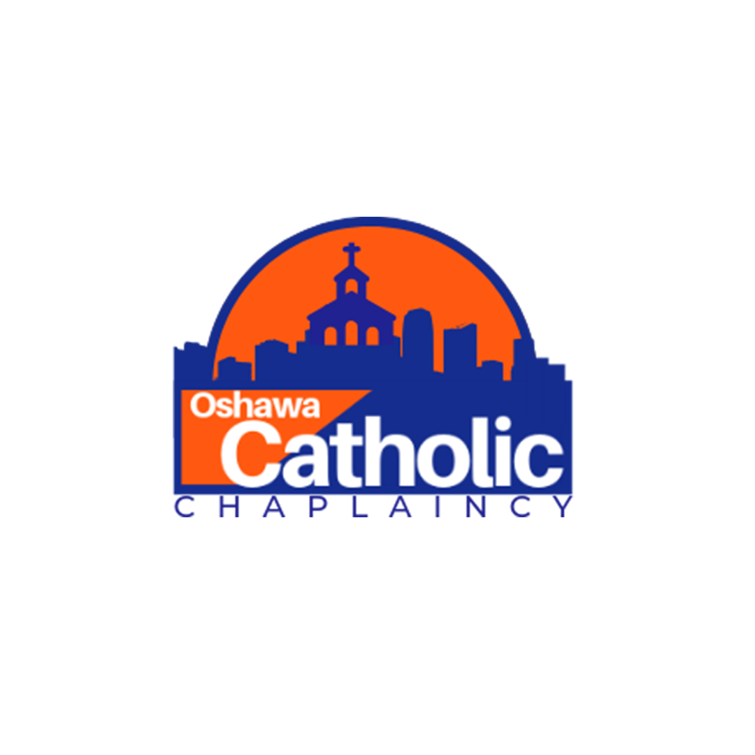 Logo with white background and blue and orange illustration of a Church and campus buildings, with the words “Oshawa Catholic Chaplaincy” written inside the illustration