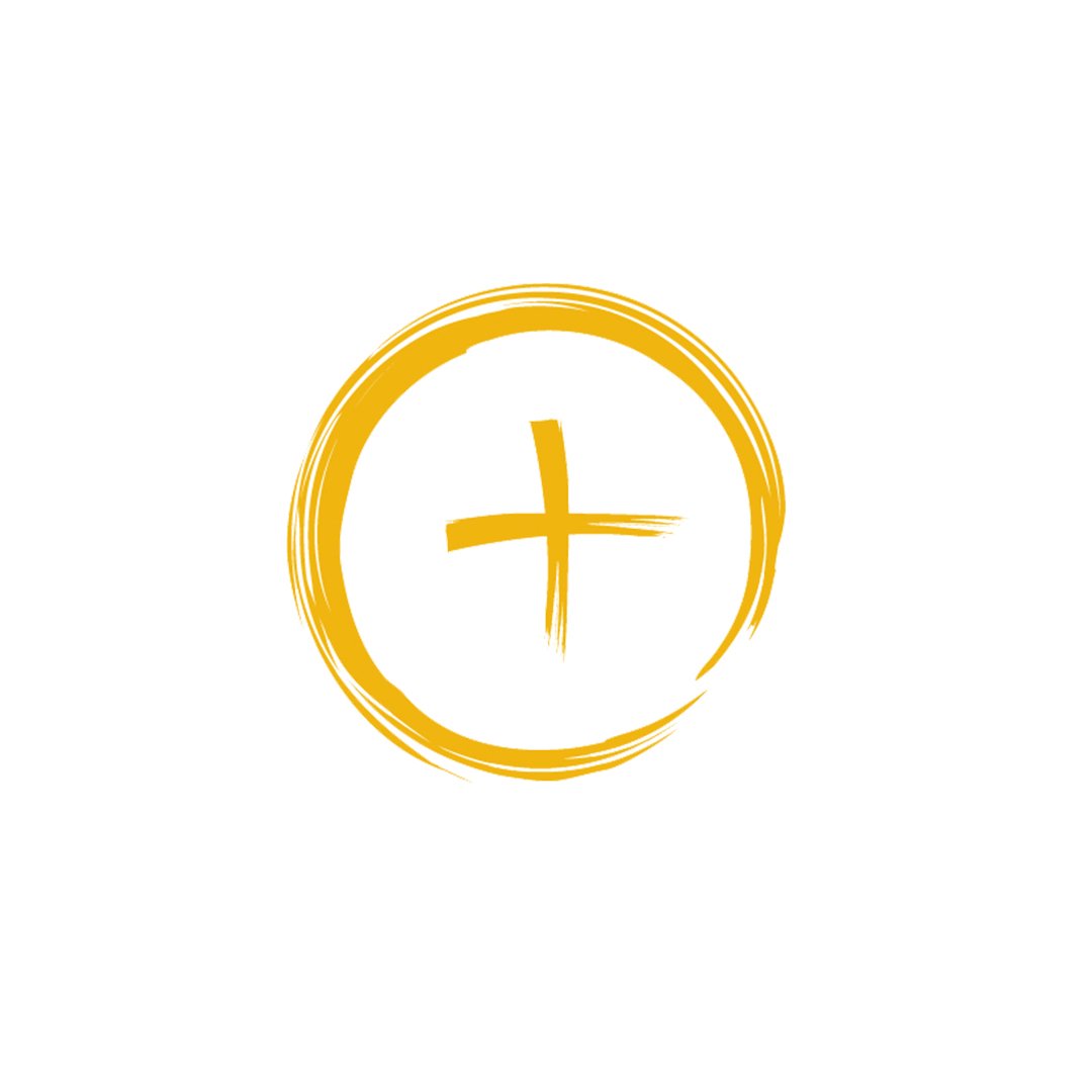 Logo with white background and brush stroke outline illustrating a Eucharistic host, with a circle and cross in the middle of it