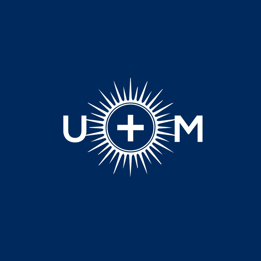 Logo with white background with an illustration of the Eucharist inside a monstrance in between the letters “U” and “M”