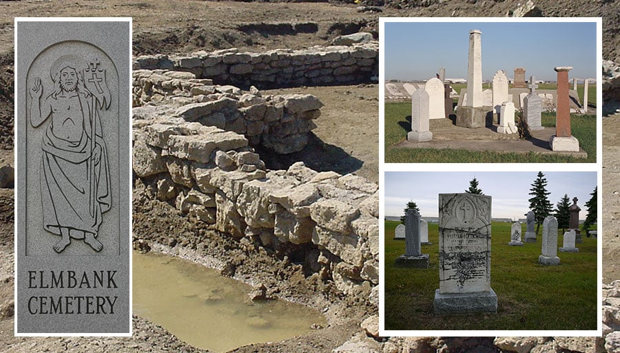 Collage of an archaeological site with an excavated stone foundation and gravestones