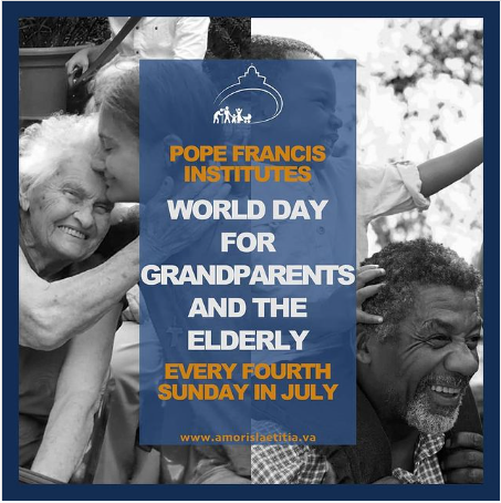 grandparents with their grandchildren with the words "Pope Francis institutes World Day for Grandparents and the Elderly, every fourth Sunday of July, www.amorislaetitia.va