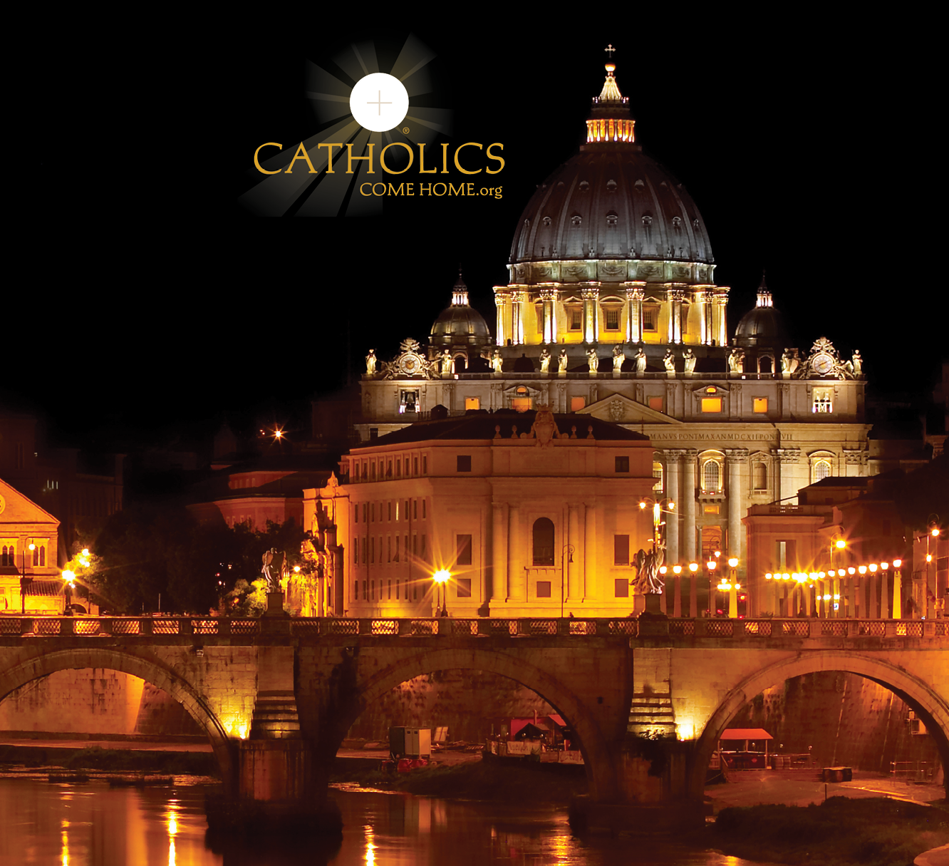 Catholics Come Home logo and St. Peter's Basilica at night