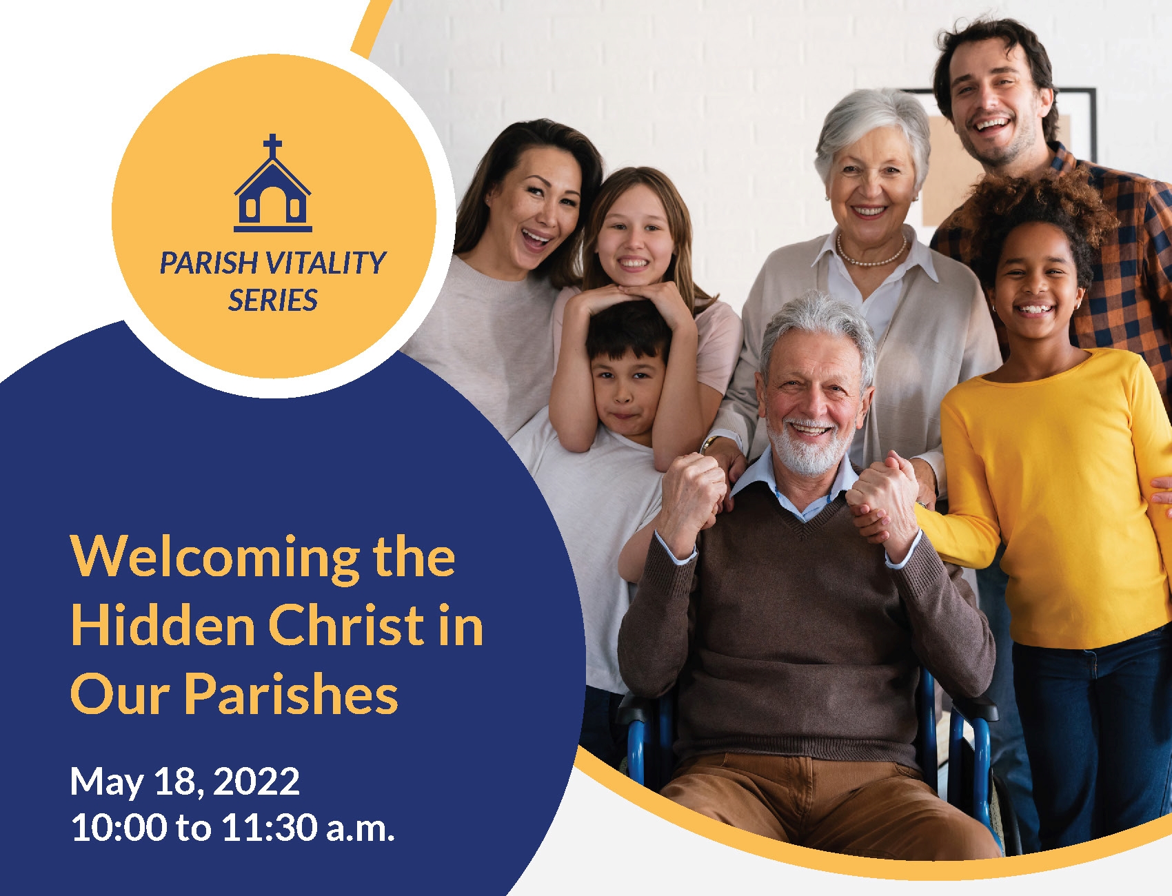 Joyful, blended family surrounding elderly man in a wheelchair