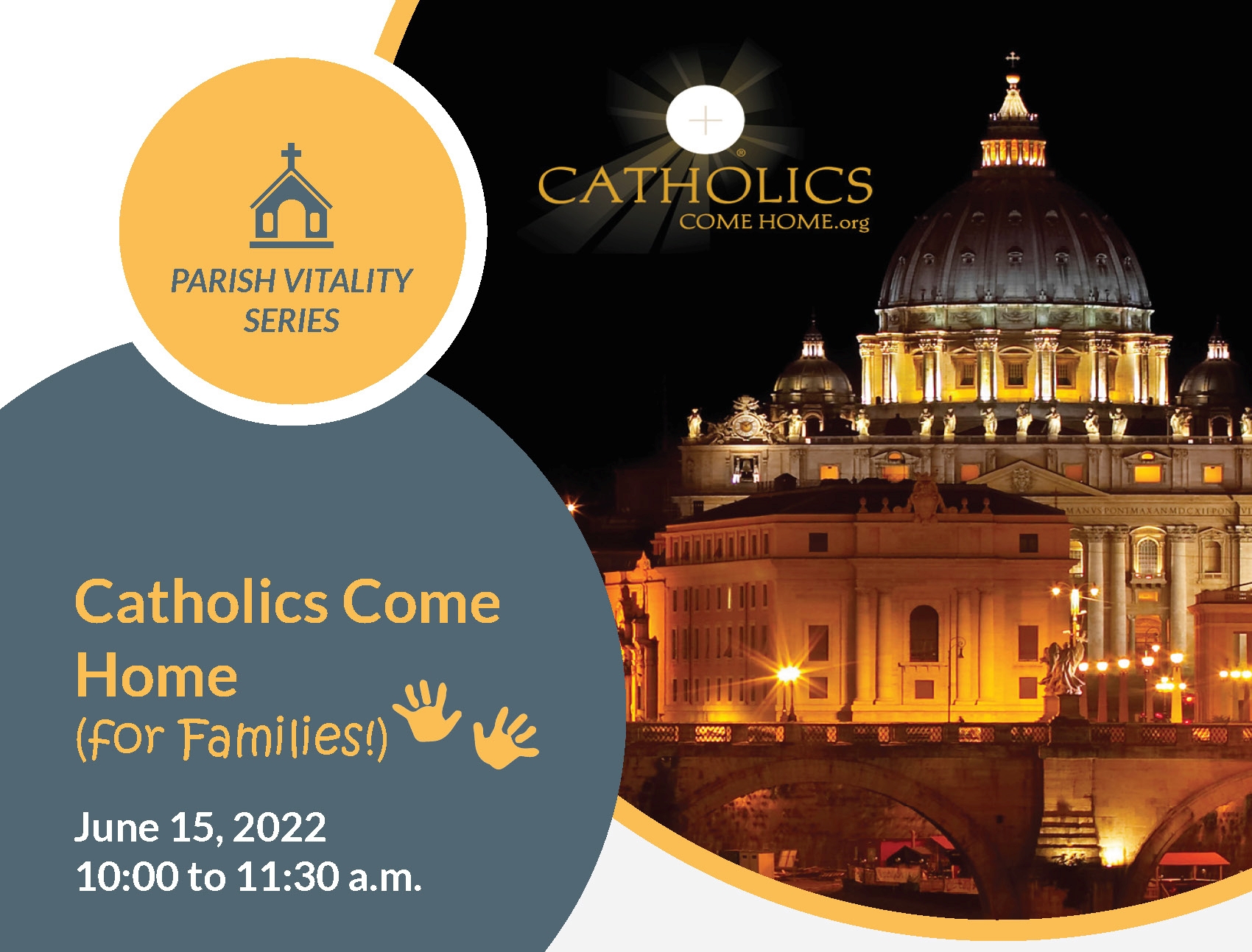 Catholics Come Home logo and St. Peter's Basilica at night