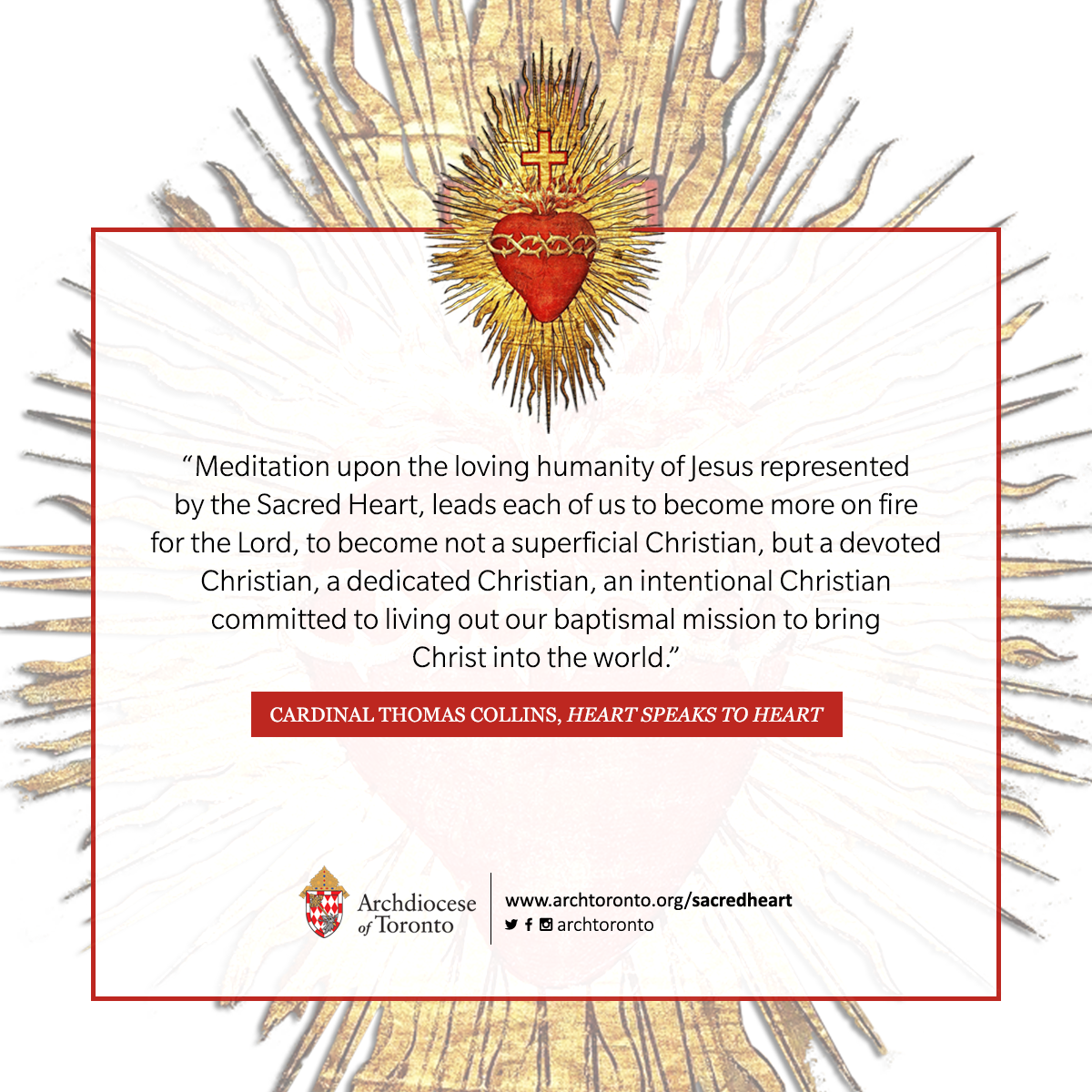 Meditation upon the loving humanity of Jesus represented by the Sacred Heart, leads each of us to become more on fire for the Lord, to become not a superficial Christian, but a devoted Christian, a dedicated Christian, an intentional Christian committed to living out our baptismal mission to bring Christ into the world.