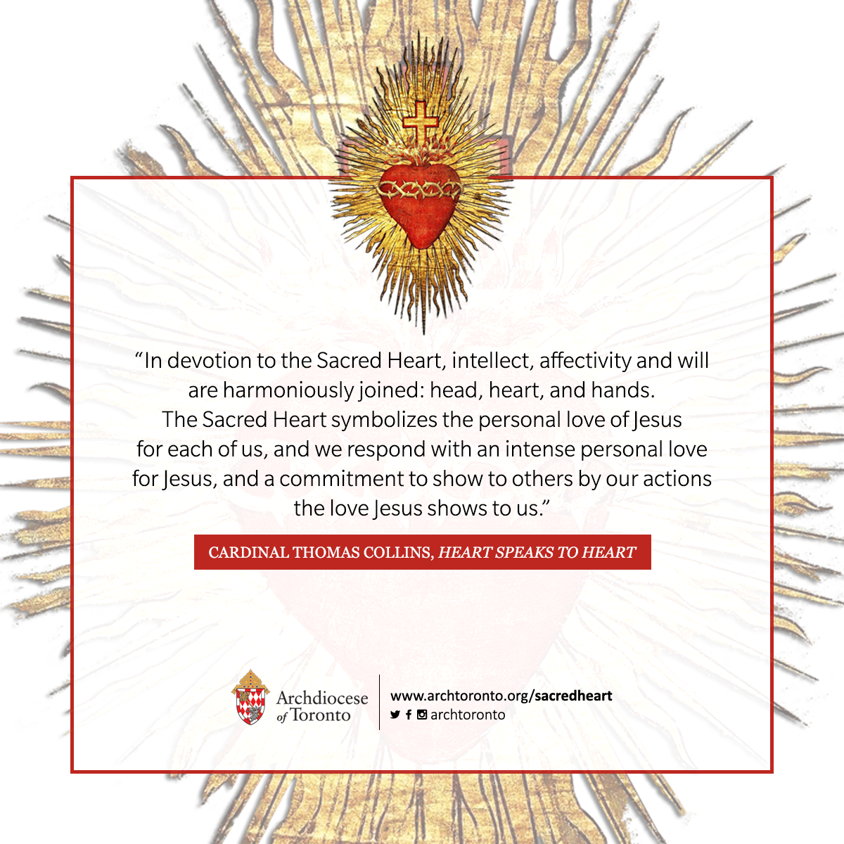 In devotion to the Sacred Heart, intellect, affectivity and will are harmoniously joined: head, heart, and hands. The Sacred Heart symbolizes the personal love of Jesus for each of us, and we respond with an intense personal love for Jesus, and a commitment to show to others by our actions the love Jesus shows to us.